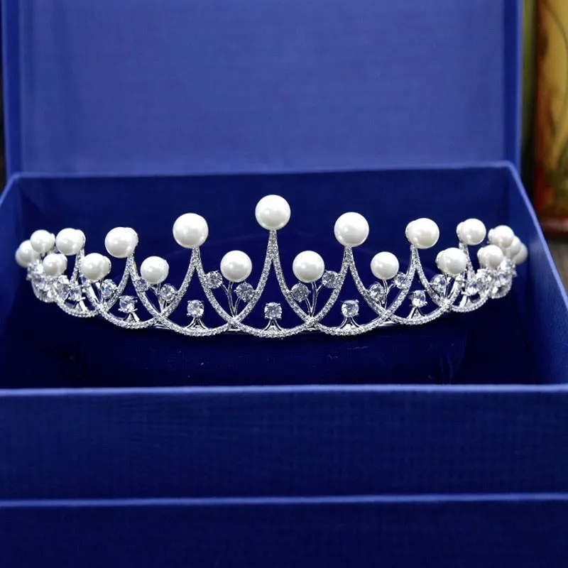 "Irene" - Silver Cubic Zirconia and Pearl 3-Piece Bridal Jewelry Set With Tiara