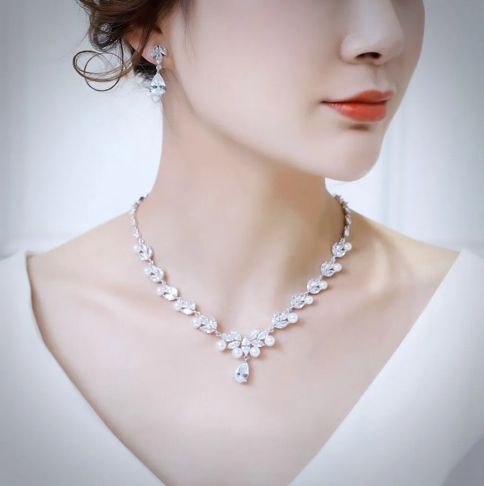 "Irene" - Silver Cubic Zirconia and Pearl 3-Piece Bridal Jewelry Set With Tiara