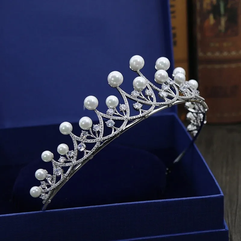 "Irene" - Silver Cubic Zirconia and Pearl 3-Piece Bridal Jewelry Set With Tiara