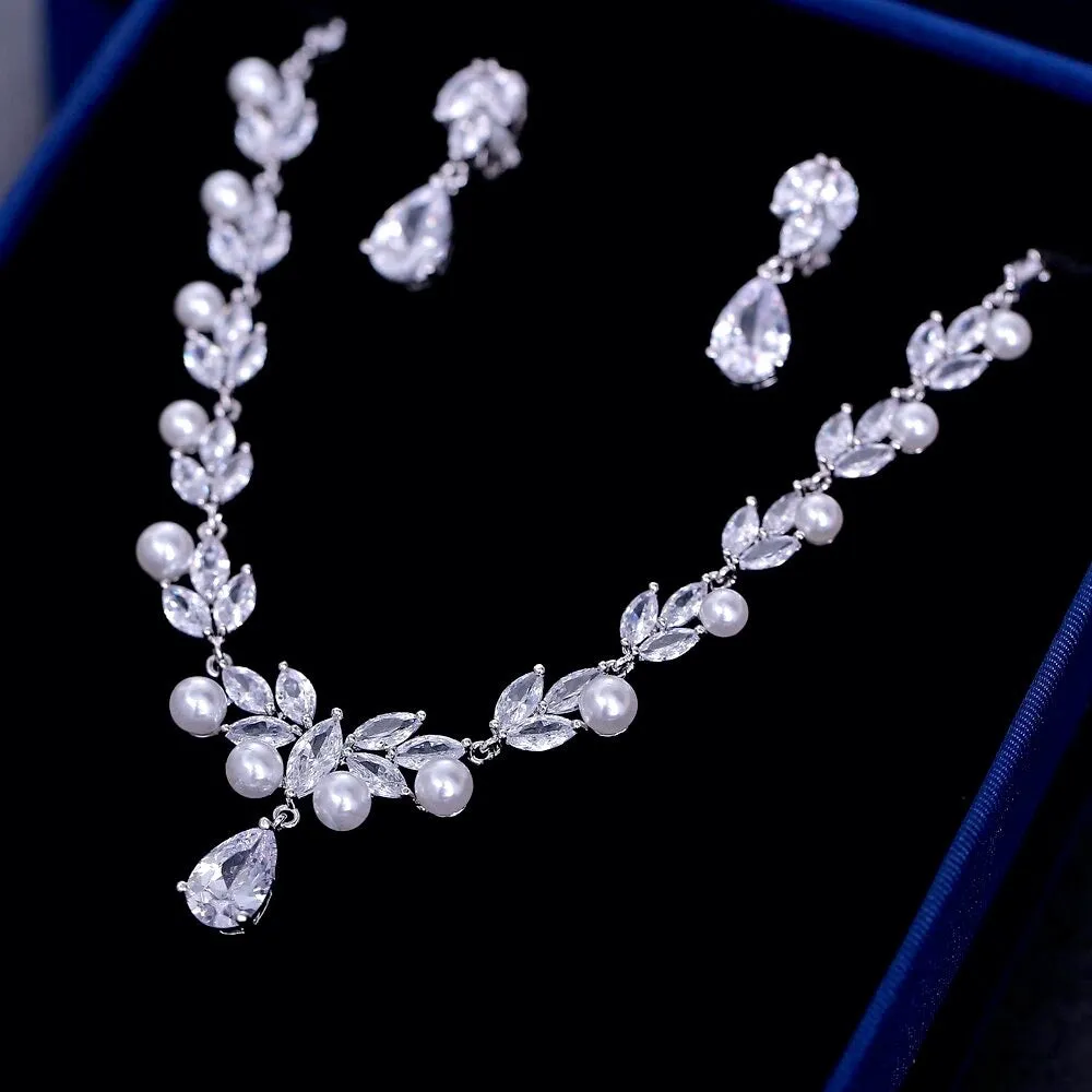 "Irene" - Silver Cubic Zirconia and Pearl 3-Piece Bridal Jewelry Set With Tiara