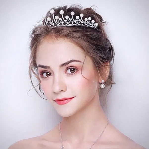 "Irene" - Silver Cubic Zirconia and Pearl 3-Piece Bridal Jewelry Set With Tiara