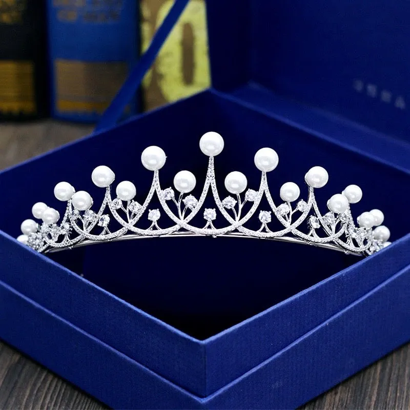"Irene" - Silver Cubic Zirconia and Pearl 3-Piece Bridal Jewelry Set With Tiara