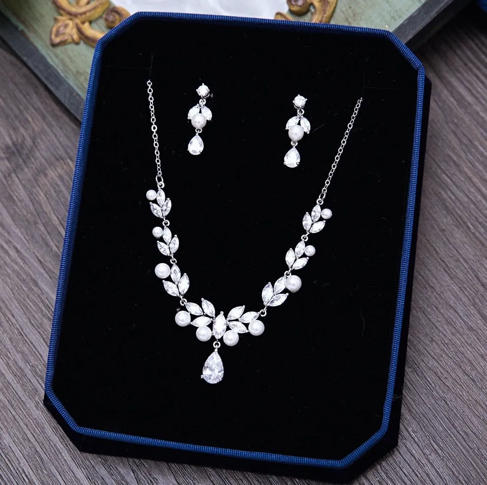 "Irene" - Silver Cubic Zirconia and Pearl 3-Piece Bridal Jewelry Set With Tiara