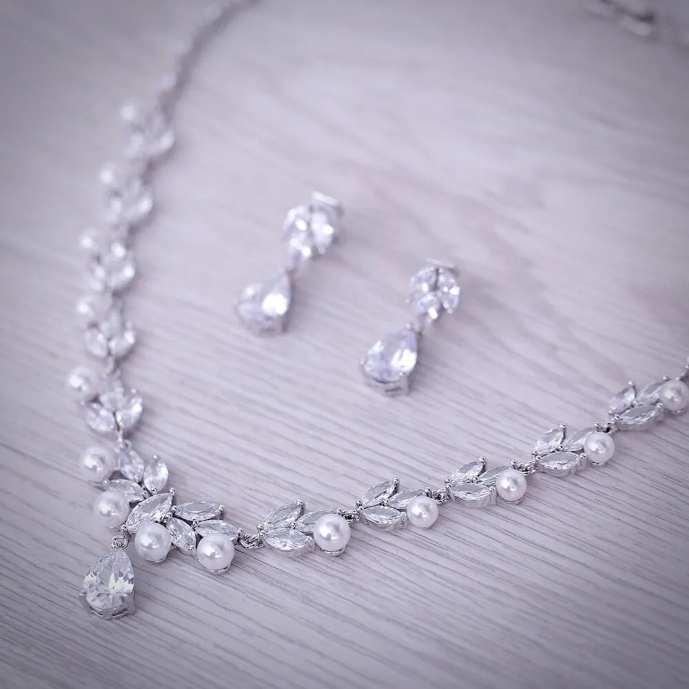 "Irene" - Silver Cubic Zirconia and Pearl 3-Piece Bridal Jewelry Set With Tiara