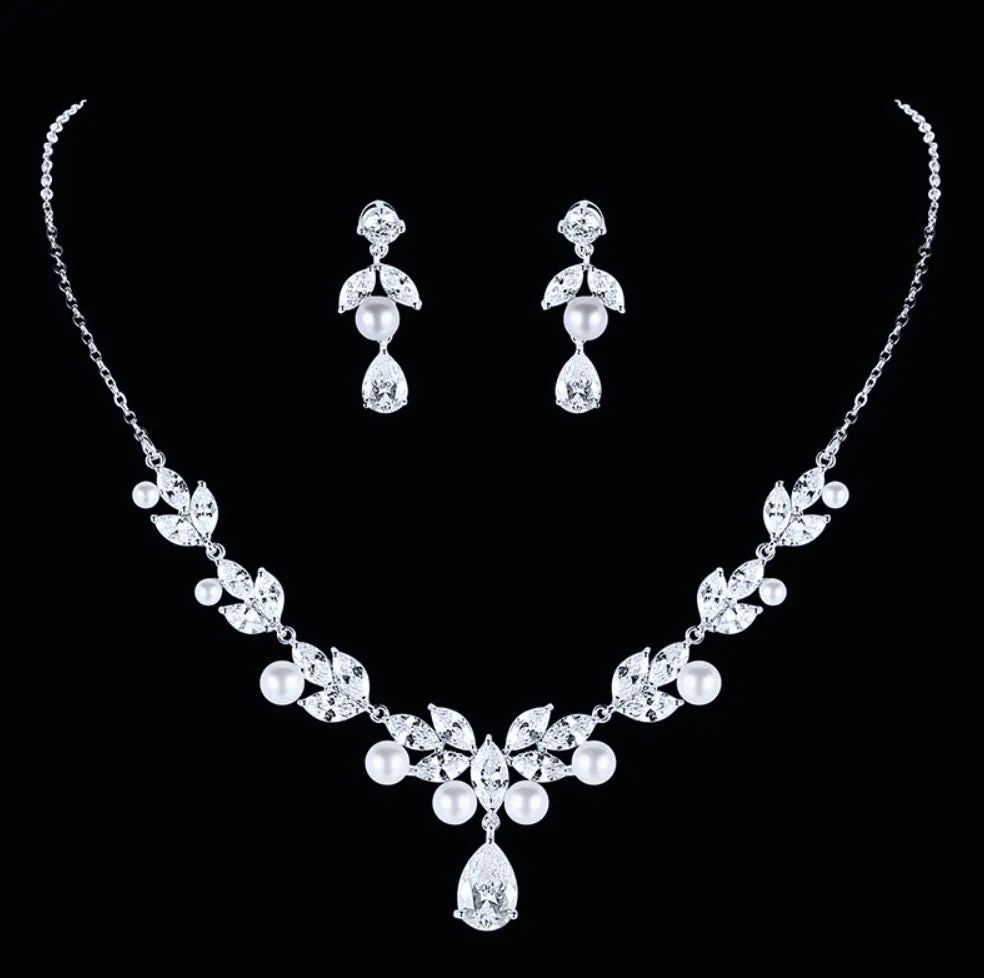 "Irene" - Silver Cubic Zirconia and Pearl 3-Piece Bridal Jewelry Set With Tiara
