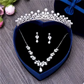"Irene" - Silver Cubic Zirconia and Pearl 3-Piece Bridal Jewelry Set With Tiara