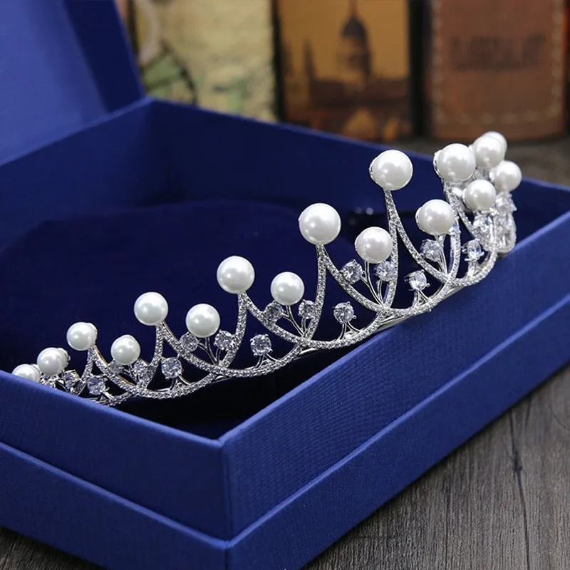 "Irene" - Silver Cubic Zirconia and Pearl 3-Piece Bridal Jewelry Set With Tiara
