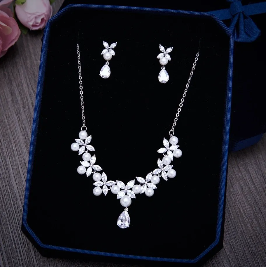 "Louise" - Silver Cubic Zirconia and Pearl 3-Piece Bridal Jewelry Set With Tiara