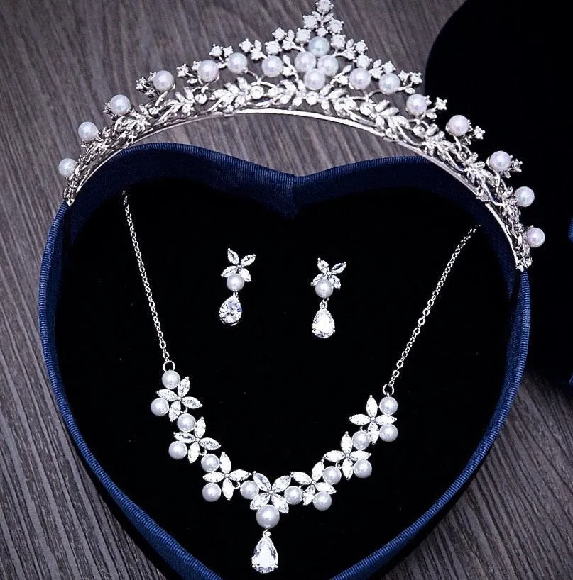 "Louise" - Silver Cubic Zirconia and Pearl 3-Piece Bridal Jewelry Set With Tiara