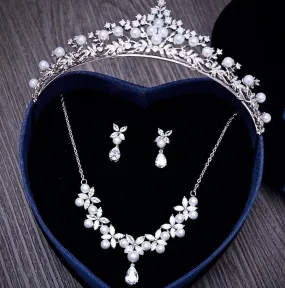 "Louise" - Silver Cubic Zirconia and Pearl 3-Piece Bridal Jewelry Set With Tiara