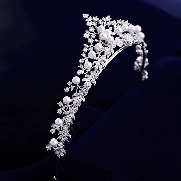 "Louise" - Silver Cubic Zirconia and Pearl 3-Piece Bridal Jewelry Set With Tiara
