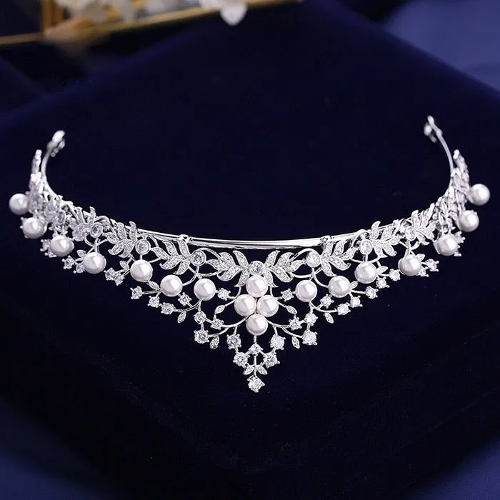 "Louise" - Silver Cubic Zirconia and Pearl 3-Piece Bridal Jewelry Set With Tiara