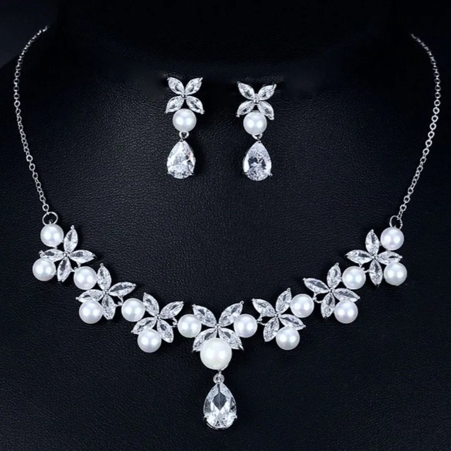 "Louise" - Silver Cubic Zirconia and Pearl 3-Piece Bridal Jewelry Set With Tiara