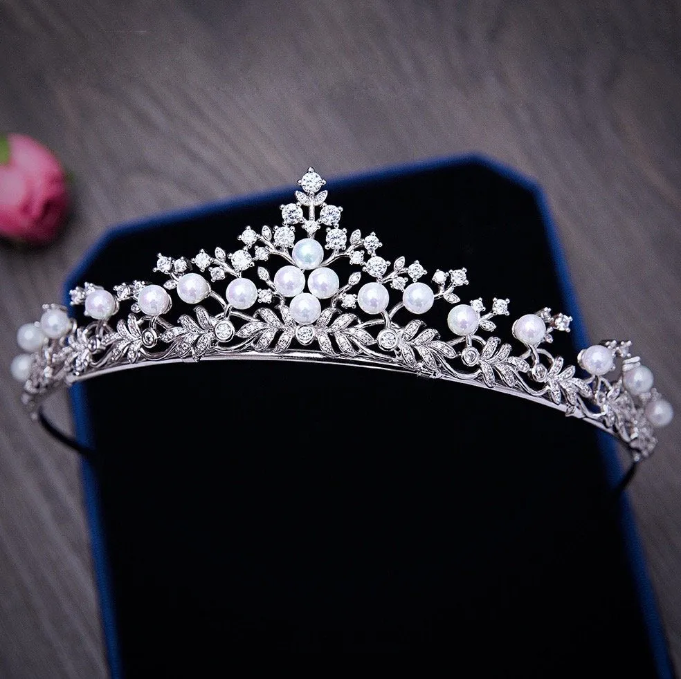 "Louise" - Silver Cubic Zirconia and Pearl 3-Piece Bridal Jewelry Set With Tiara