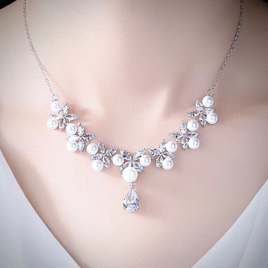 "Louise" - Silver Cubic Zirconia and Pearl 3-Piece Bridal Jewelry Set With Tiara
