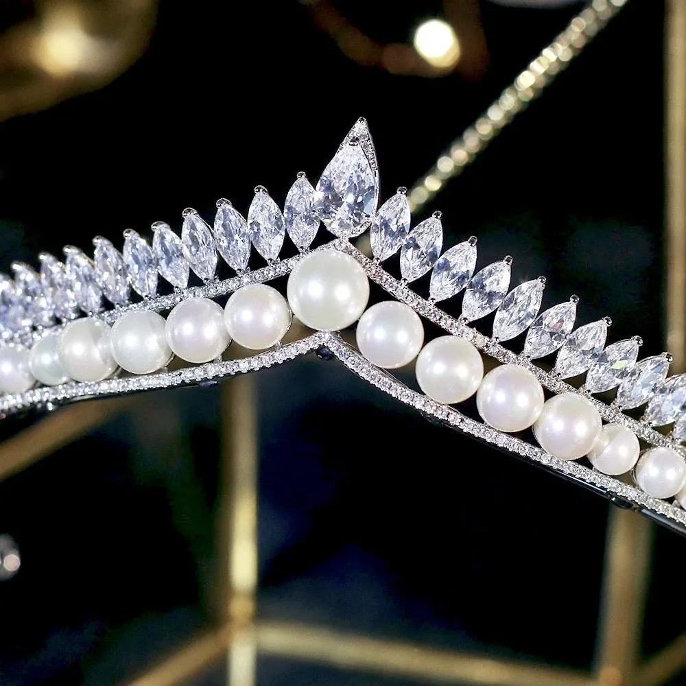 "Rianna" - Pearl and Cubic Zirconia Bridal Tiara - Available in Silver and Gold