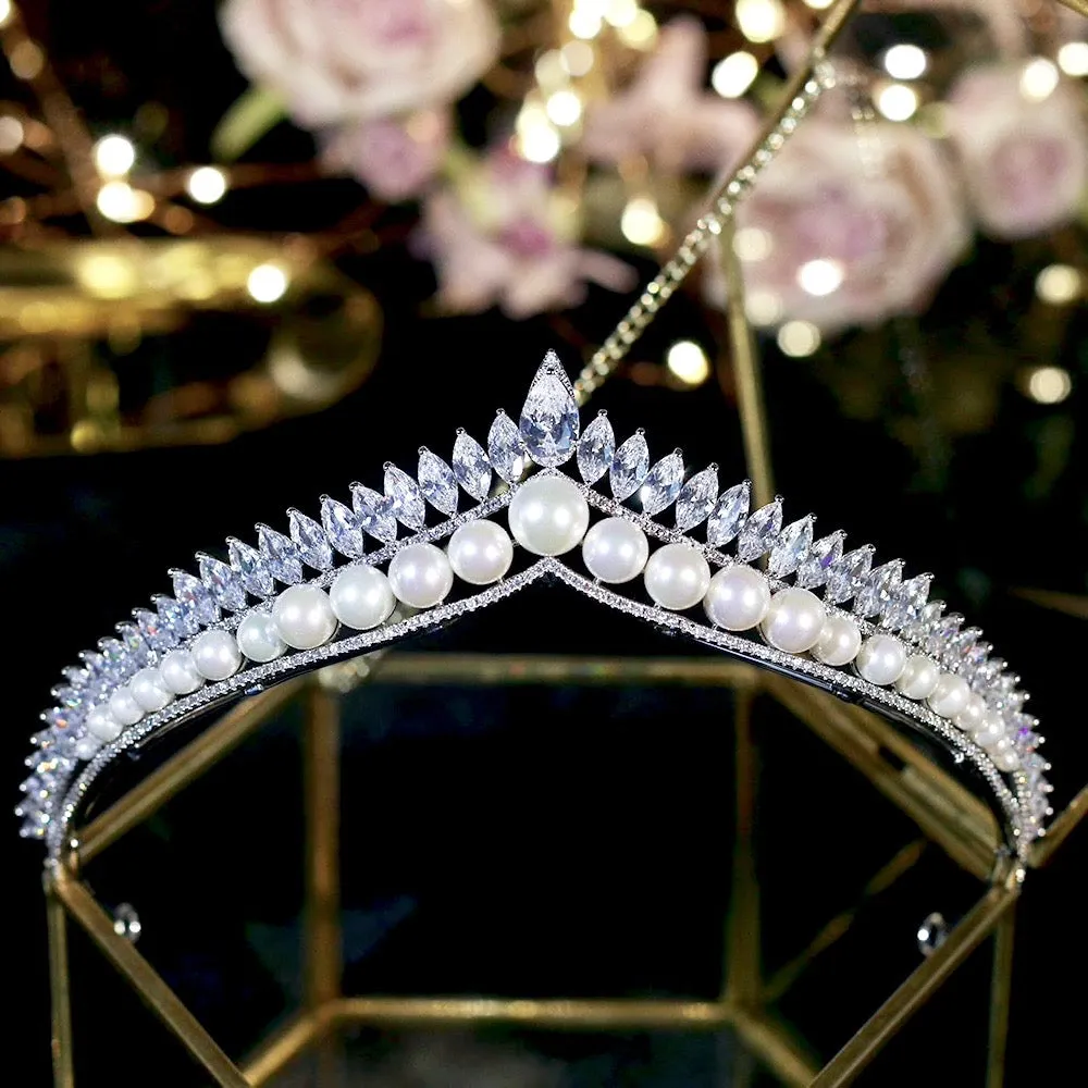 "Rianna" - Pearl and Cubic Zirconia Bridal Tiara - Available in Silver and Gold