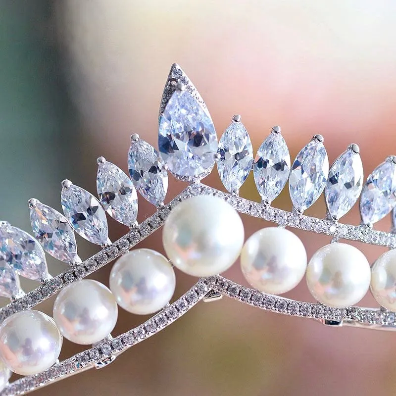 "Rianna" - Pearl and Cubic Zirconia Bridal Tiara - Available in Silver and Gold