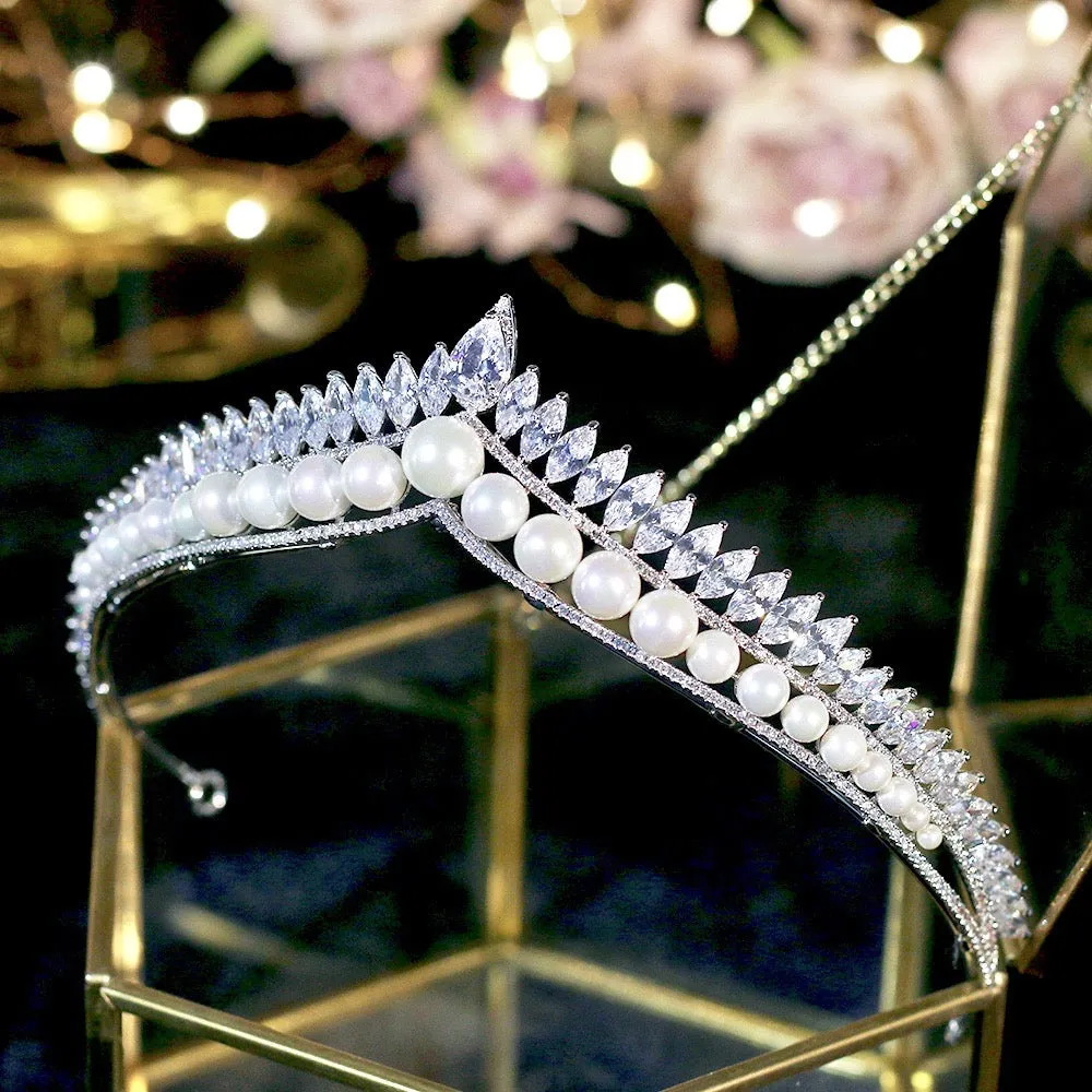 "Rianna" - Pearl and Cubic Zirconia Bridal Tiara - Available in Silver and Gold