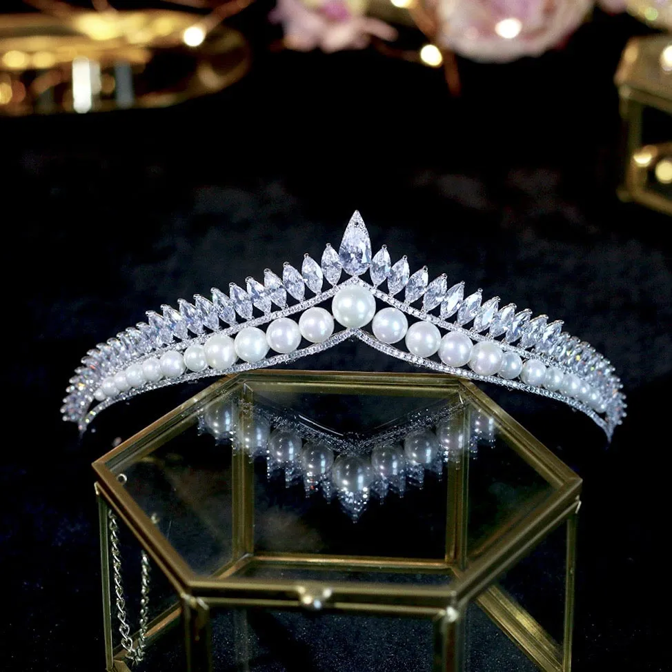 "Rianna" - Pearl and Cubic Zirconia Bridal Tiara - Available in Silver and Gold