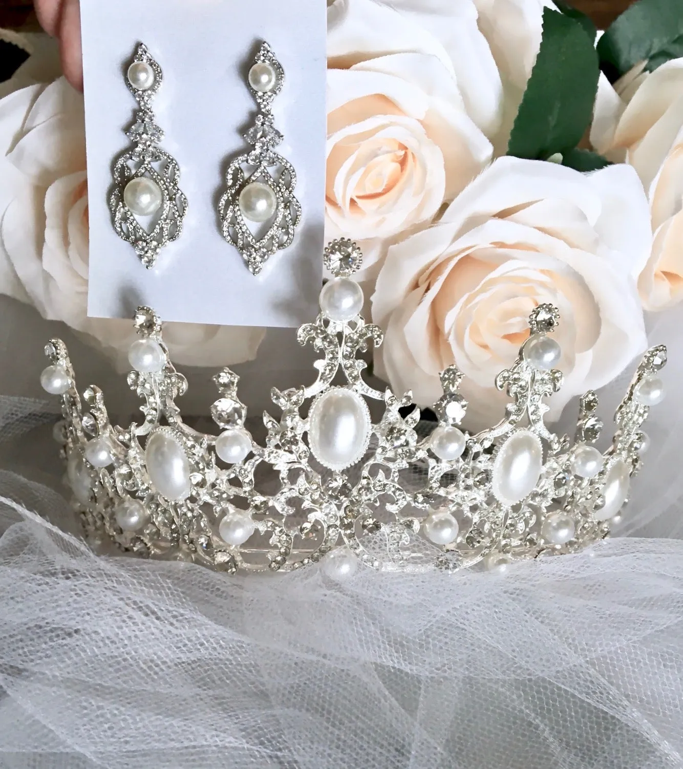 "Versailles" - Pearl and Cubic Zirconia Bridal Earrings - Available in Rose Gold and Silver