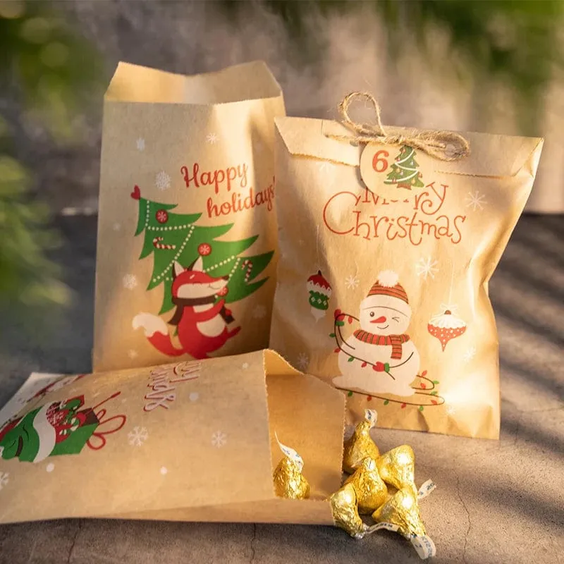 Retro Christmas Kraft Paper Bags 24pcs