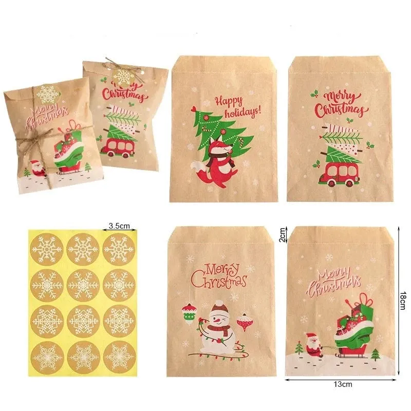 Retro Christmas Kraft Paper Bags 24pcs