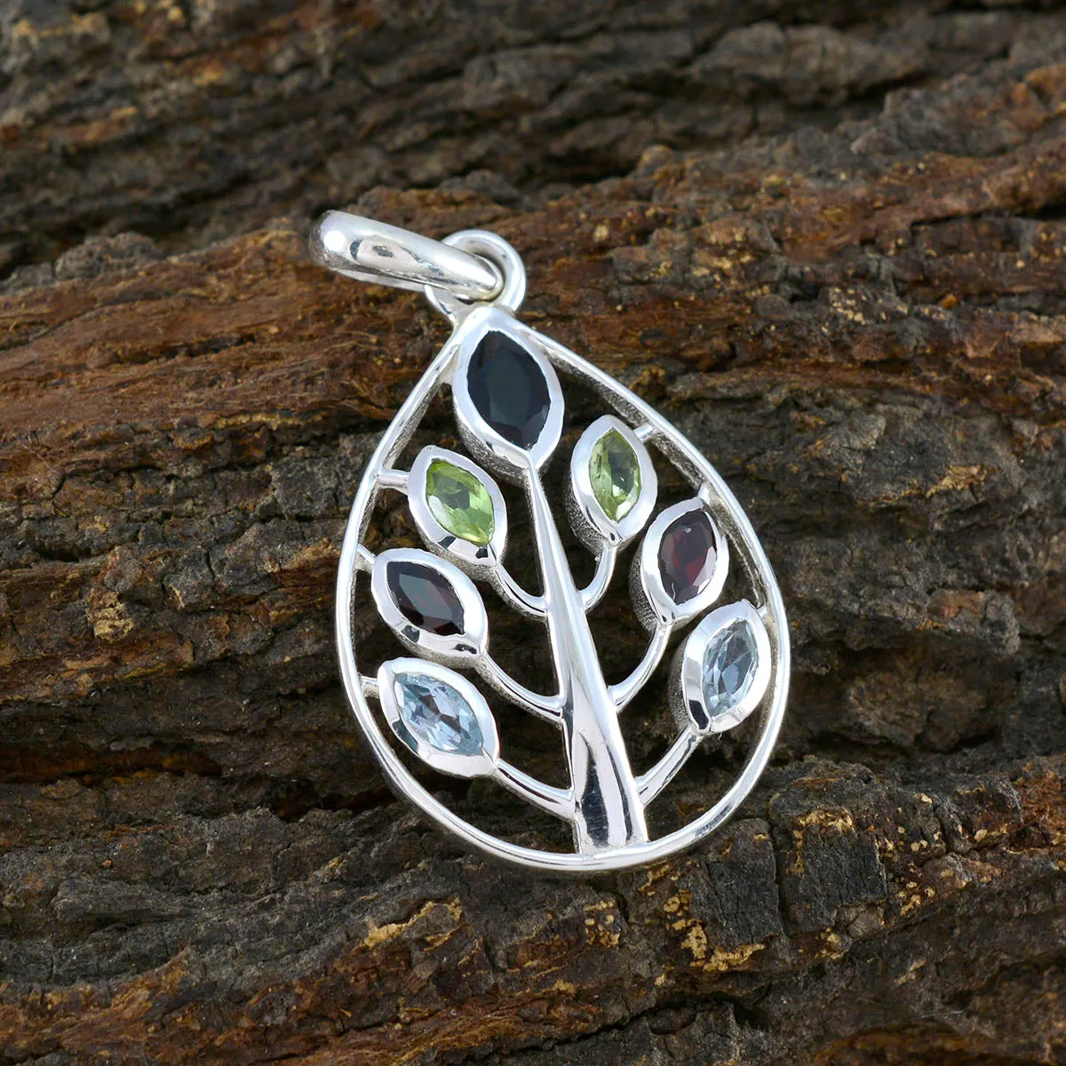 Riyo Beddable Gemstone Marquise Faceted Multi Color Multi Stone 1063 Sterling Silver Pendant Gift For Teachers Day