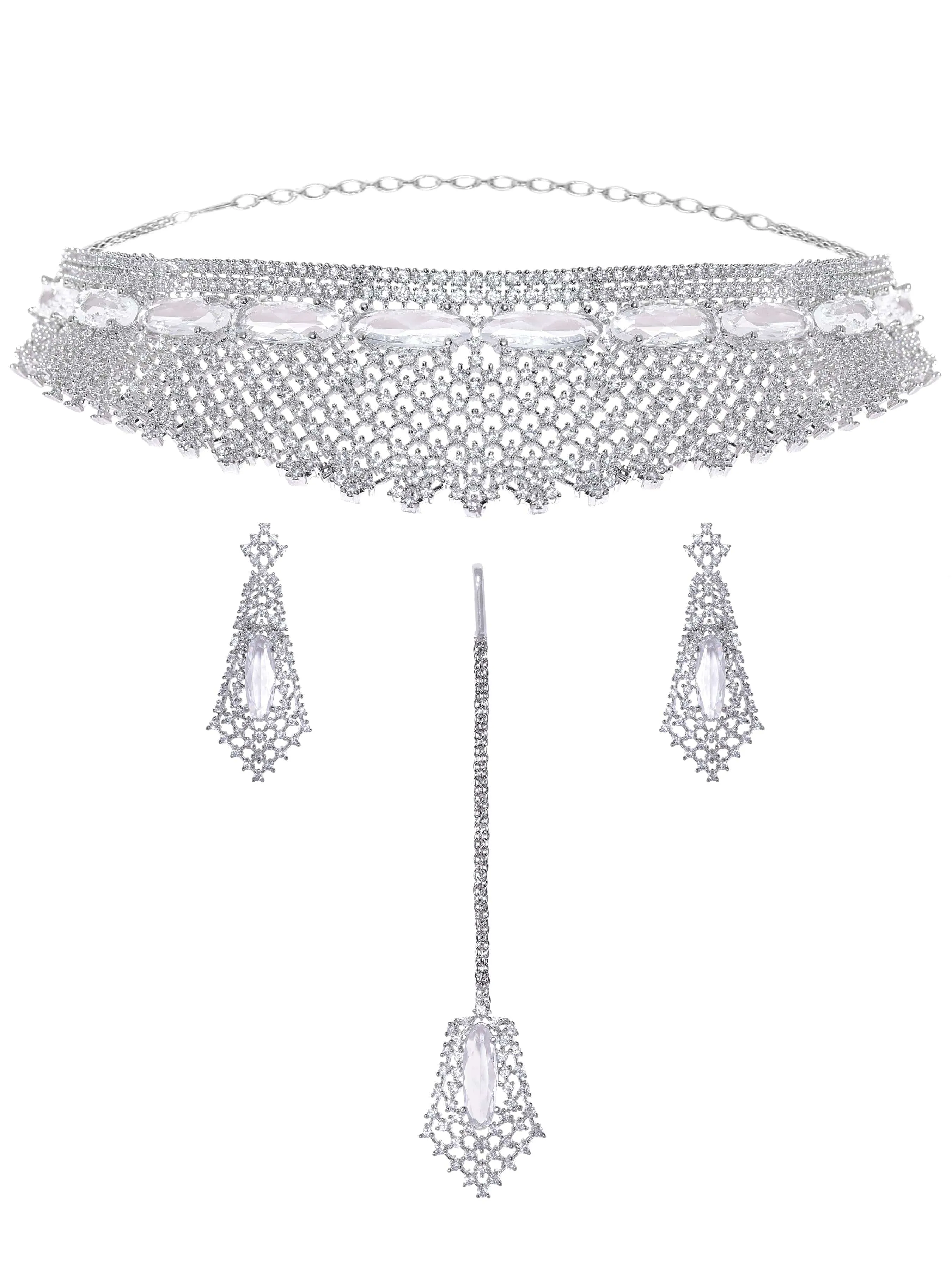 Rubans Rhodium Plated Pave Zirconia Studded Statement Choker Necklace Set