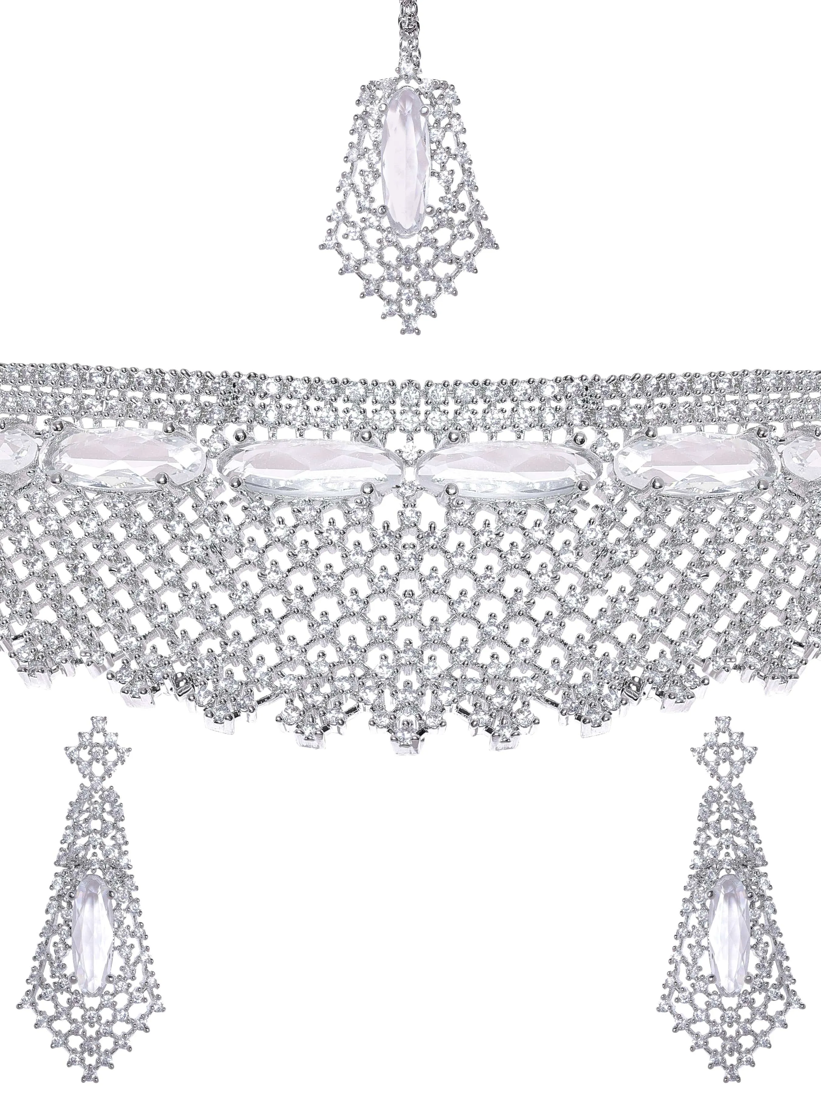 Rubans Rhodium Plated Pave Zirconia Studded Statement Choker Necklace Set
