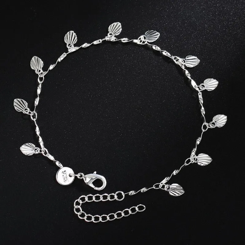 Sterling Silver Tree Leaves Grass Charm Anklet