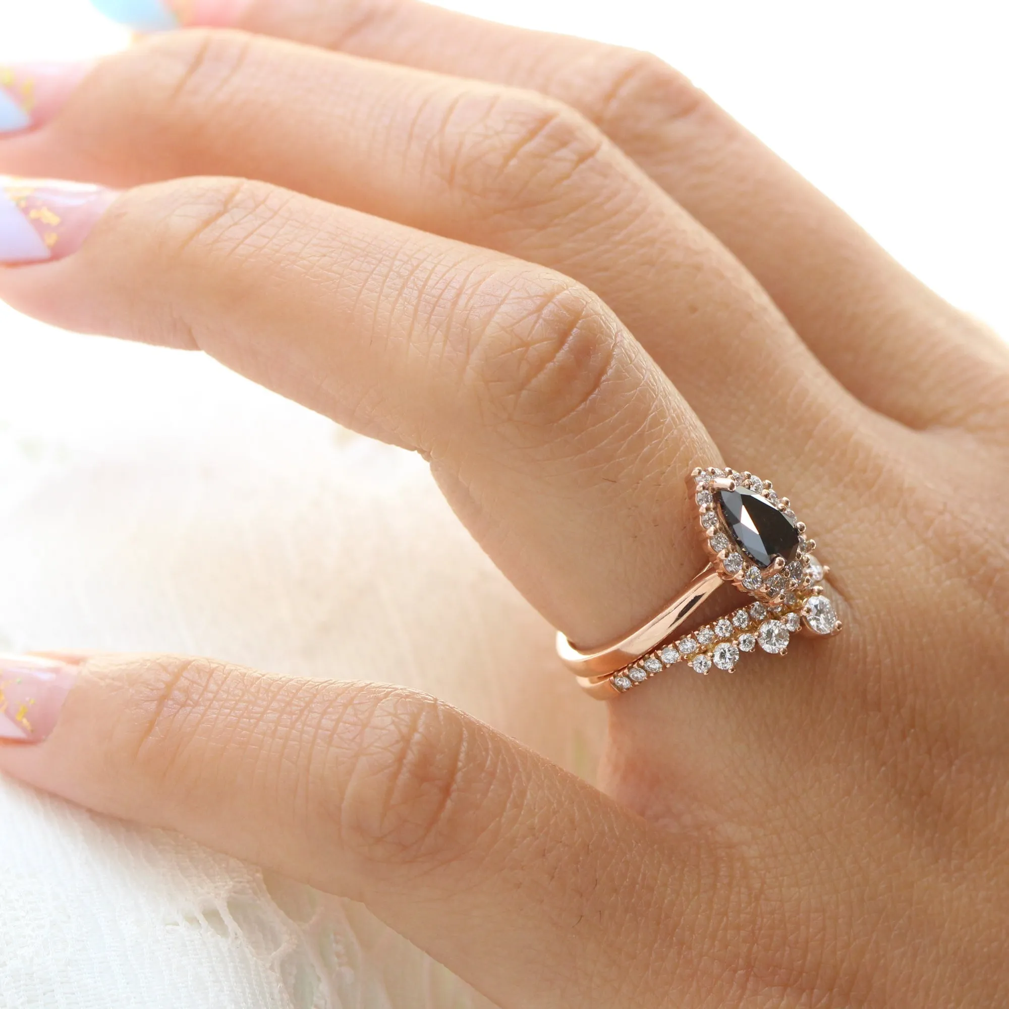 Tiara Halo Pear Black Diamond Ring Set w/ Large Tiara Diamond Wedding Band