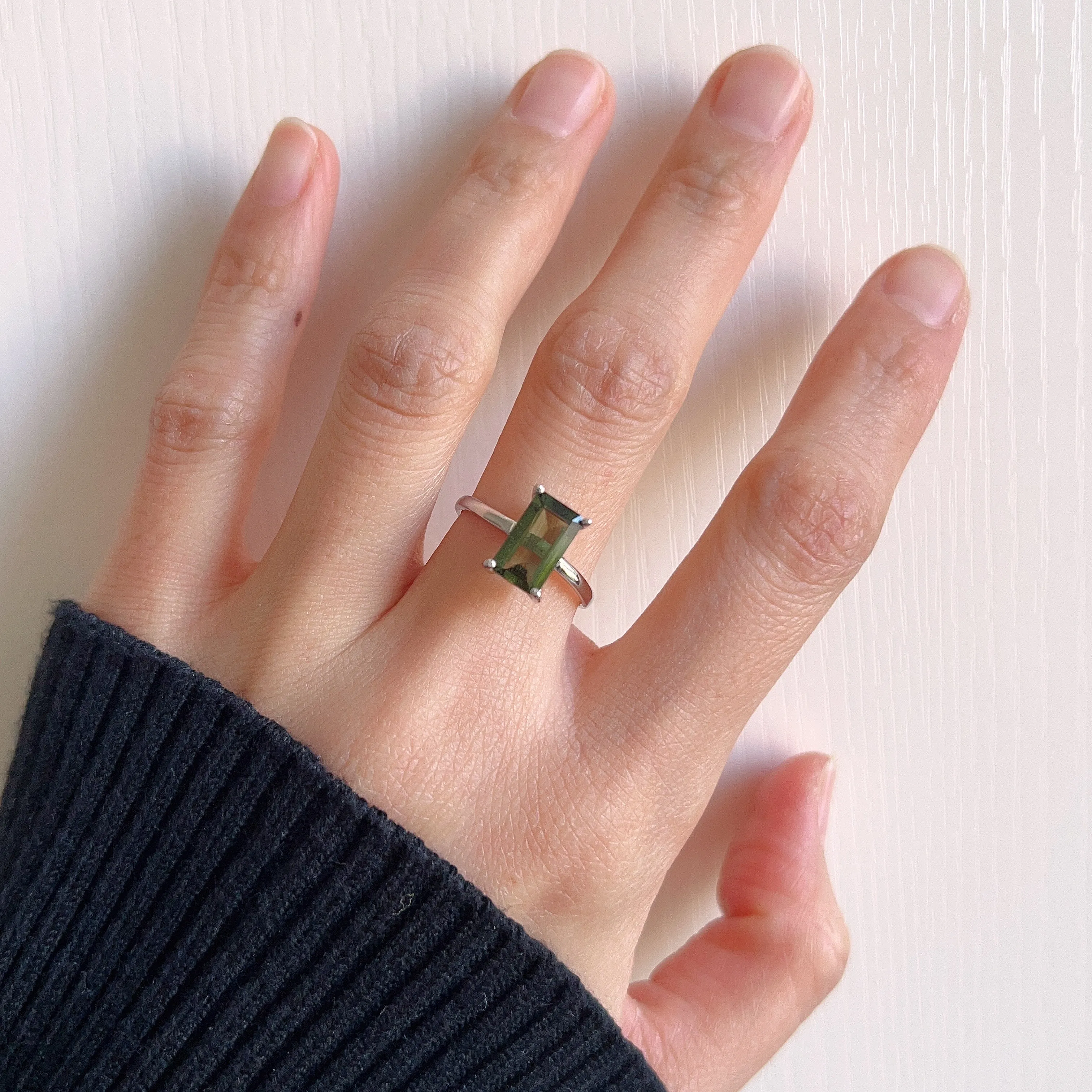 Top Grade Baguette Cut Moldavite Ring Natural Czech Best Green Color | Rare High-frequency Heart Chakra Healing Stone